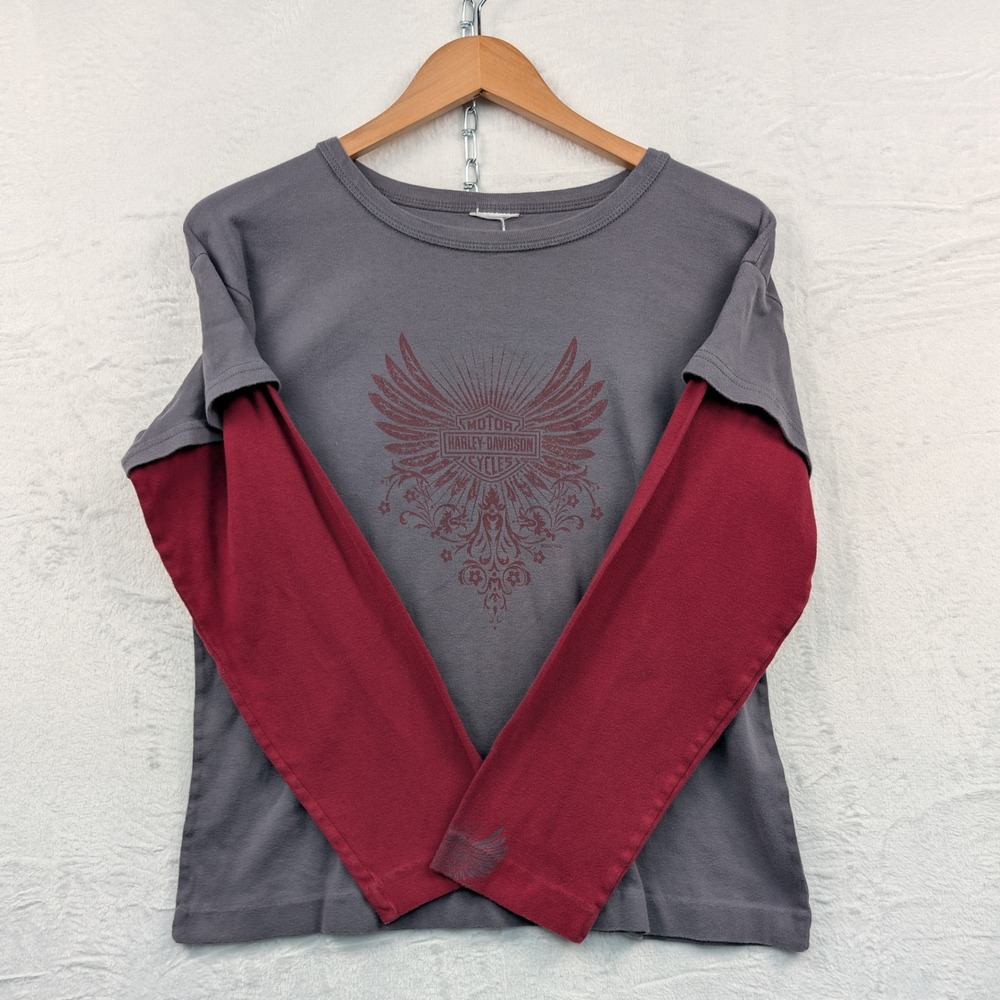 VTG Harley Davidson Shirt Women's XL Gray Red Layered Moto Biker Americana Y2K